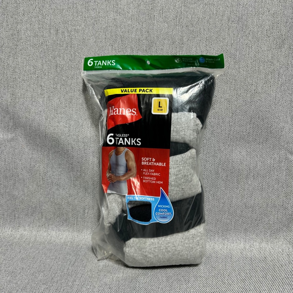 Hanes Mens Tagless A-Shirt Tank Tops 6 Pack Size L Black Grey Ribbed 392BG6